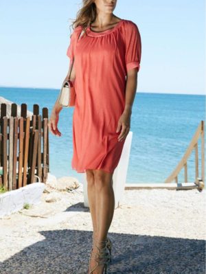 ANNA RAXEVSKY Γυναικεία κοραλί κοντομάνικο φόρεμα D20127 CORAL, Χρώμα Κόκκινο, Μέγεθος 3XL