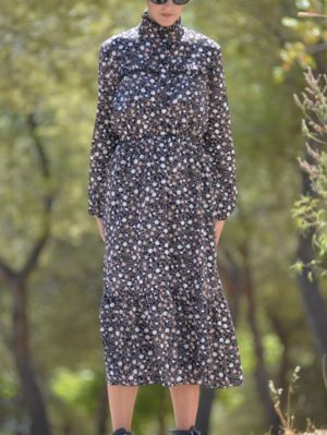 ESQUIVO Φλοράλ μακρυμάνικο μακρύ φόρεμα, λάστιχο σούρα στην μέση, όρθιο λαιμό, Χρώμα Πολύχρωμο, Μέγεθος S