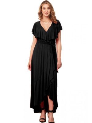 ANNA RAXEVSKY Γυναικείο μαύρο μάξι ασύμμετρο ελαστικό φόρεμα με κρουαζέ μπούστο D21112 BLACK, Χρώμα Μαύρο, Μέγεθος XS