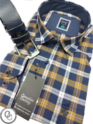 CANADIAN COUNTRY Ανδρικό μπλέ μουσταρδί καρό μακρυμάνικο πουκάμισο 7250-3, Χρώμα Μπλέ, Μέγεθος L