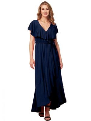 ANNA RAXEVSKY Γυναικείο μπλέ μάξι ασύμμετρο ελαστικό φόρεμα με κρουαζέ μπούστο D21112 BLUE, Χρώμα Μπλε Σκούρο, Μέγεθος XS