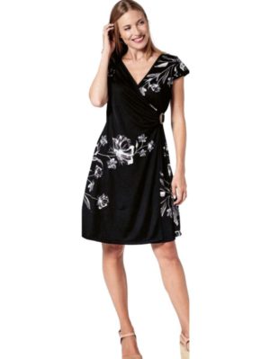 MARYLAND Μαύρο κοντομάνικο φόρεμα με μοτίβο 16502 Opal, Χρώμα Ασπρόμαυρο, Μέγεθος S