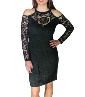FEMALE Ελαστικό μίντι μαύρο φόρεμα με δαντέλα, Μέγεθος S
