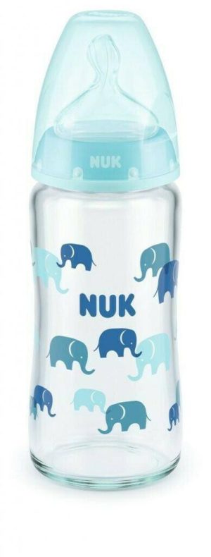 NUK First Choice+ Μπιμπερό Γυάλινο θηλή Σιλικόνης M Blue Elephants 0-6m 240ml 10.745.124