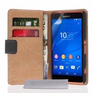 YouSave Accessories Δερμάτινη θήκη- πορτοφόλι για Sony Xperia Z3 Compact μαύρη by YouSave και screen protector