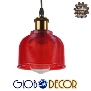 GloboStar® SEGRETO 01450 Vintage Κρεμαστό Φωτιστικό Οροφής Μονόφωτο 1 x E27 Κόκκινο Γυάλινο Διάφανο Καμπάνα με Χρυσό Ντουί Φ14 x Υ18cm