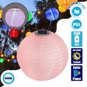 GloboStar® 71595 Αυτόνομο Ηλιακό Φωτιστικό Υφασμάτινη Ροζ Μπάλα Φ30cm LED SMD 1W 100lm με Ενσωματωμένη Μπαταρία 1200mAh - Φωτοβολταϊκό Πάνελ με Αισθητήρα Ημέρας-Νύχτας Αδιάβροχο IP65 Ψυχρό Λευκό 6000K
