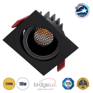 GloboStar® LEO-SQ 60293 Χωνευτό LED Spot Downlight TrimLess Μ8.5xΠ8.5cm 10W 1250lm 38° AC 220-240V IP20 Μ8.5 x Π8.5 x Υ6.6cm - Τετράγωνο - Κινούμενο - Μαύρο & Anti-Glare HoneyComb - Θερμό Λευκό 2700K - Bridgelux COB - 5 Years Warranty