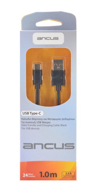 Καλώδιο σύνδεσης Ancus USB σε USB-C 2,1Α Μαύρο 1m