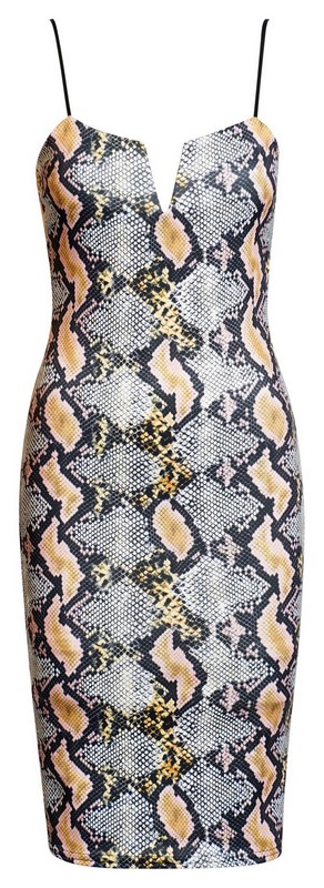 Μίντι φόρεμα print φίδι με V - Κίτρινο/Φίδι 52598 - Κίτρινο