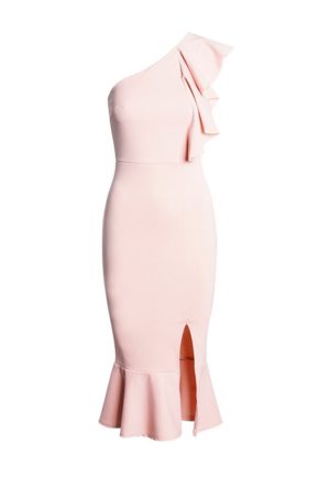 Μίντι κρέπ φόρεμα με βολάν και έναν ώμο - Ροζ Απαλό 52612 - Ροζ