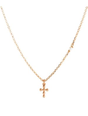 Κολιέ σταυρός από ρόζ επιχρυσωμένο ασήμι με μαργαριτάρι στο πλάι