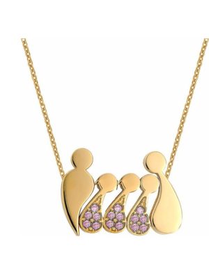 Κολιέ οικογένεια μπαμπάς μαμά και παιδιά 3 κορίτσια από επιχρυσωμένο ασήμι με πέτρες ζιργκόν