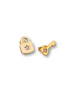 Χρυσά σκουλαρίκια από 9 καράτια γνήσιου χρυσού με πέτρες ζιργκόν σχέδιο λουκέτο με κλειδί
