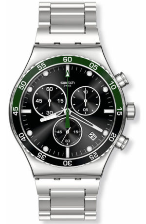 SWATCH DARK GREEN IRONY Ανδρικό ρολόι χρονογράφος ασημί ανοξείδωτο ατσάλι μπρασελέ YVS506G