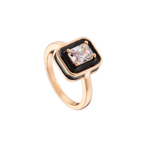 LOISIR Δαχτυλίδι Beauty μεταλλικό ροζ χρυσό με τετράγωνο λευκό ζιργκόν και μαύρο σμάλτο 04L15-00432