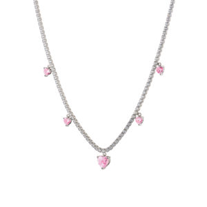 LOISIR Κολιέ Happy Hearts μεταλλικό ασημί με ροζ ζιργκόν καρδιές και λευκά ζιργκόν 01L15-01686