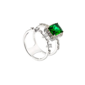 OXETTE Δαχτυλίδι Kate Gifting ασημένιο διπλό με ορθογώνιο πράσινο κρύσταλλο και λευκά ζιργκόν 04X01-03852