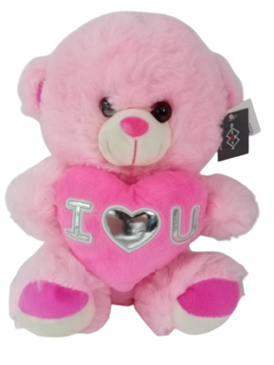 Αρκουδάκι ροζ 25εκ,με καρδιά, σε τσαντούλα (25εκ.καθιστό)