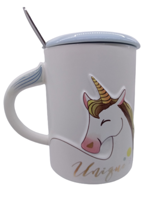 Κούπα με καπάκι και κουταλάκι ανάγλυφο σχέδιο Unicorn - Μονόκερος, σιέλ καπάκι (σε τσαντούλα δώρου, 500ml, κεραμική)