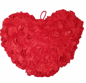 Καρδιά από κόκκινα σατέν τριαντάφυλλα, σε τσαντούλα,(33Χ24εκ,λούτρινη-βελουτέ)