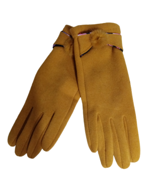 Γάντια γυναικεία ελαστικά βελουτέ άψογης εφαρμογής, με διακοσμητική γουνίτσα, one size (yellow mustard)