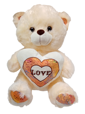 Λούτρινο αρκουδάκι με καρδιά LOVE, σε τσαντούλα (κρεμ 40εκ.καθιστό)