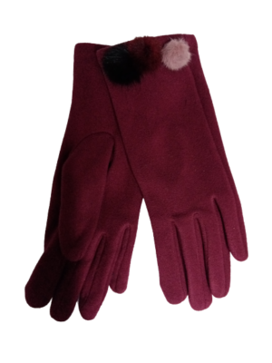 Γάντια γυναικεία ελαστικά βελουτέ άψογης εφαρμογής, με διακοσμητικές φουντίτσες γούνινες, one size (μπορντώ)
