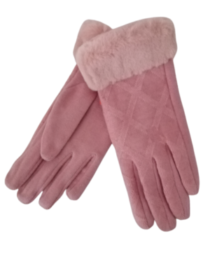 Γάντια γυναικεία ελαστικά βελουτέ άψογης εφαρμογής, με γούνα στον καρπό, one size (pink)