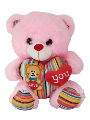 Λούτρινο αρκουδάκι 30εκ,με καρδιά, σε τσαντούλα (ροζ 30εκ)