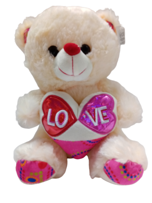 Λούτρινο αρκουδάκι με καρδιά, σε τσαντούλα (εκρού-ροζ, 30εκ.καθιστό)