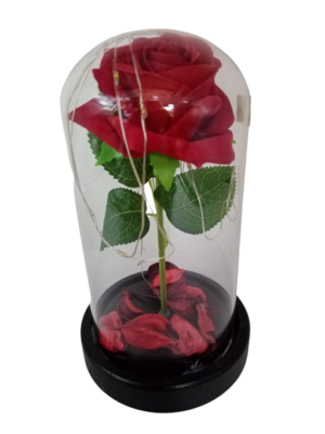Τριαντάφυλλο κόκκινο - red rose - σε γυάλα, με microled που ανάβουν (ξύλινη βάση διάμ.10εκ, ύψος 16εκ,artificial flower, λειτουργεί με μπαταρίες συμπεριλαμβάνονται)