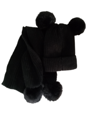 Σετ σκουφάκι με κασκόλ παιδικό-μπεμπέ με φούντες, απαλό και μαλακό, με επένδυση για το κρύο,(μαύρο,one size,synthetic)