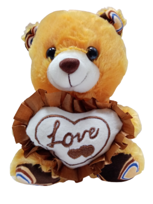 Λούτρινο αρκουδάκι με καρδιά LOVE, σε τσαντούλα (καφέ 20εκ.καθιστό)
