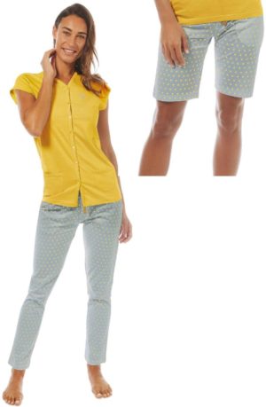 Καλοκαιρινή γυναικεία πυτζάμα με κουμπιά & μακρύ -κοντό παντελόνι Μουσταρδί NAZARENO GABRIELLI