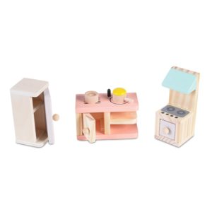 Moni Toys Σετ Ξύλινη Κουζίνα με Αξεσουάρ για Κουκλόσπιτο, Wooden Kitchen Furniture 4013