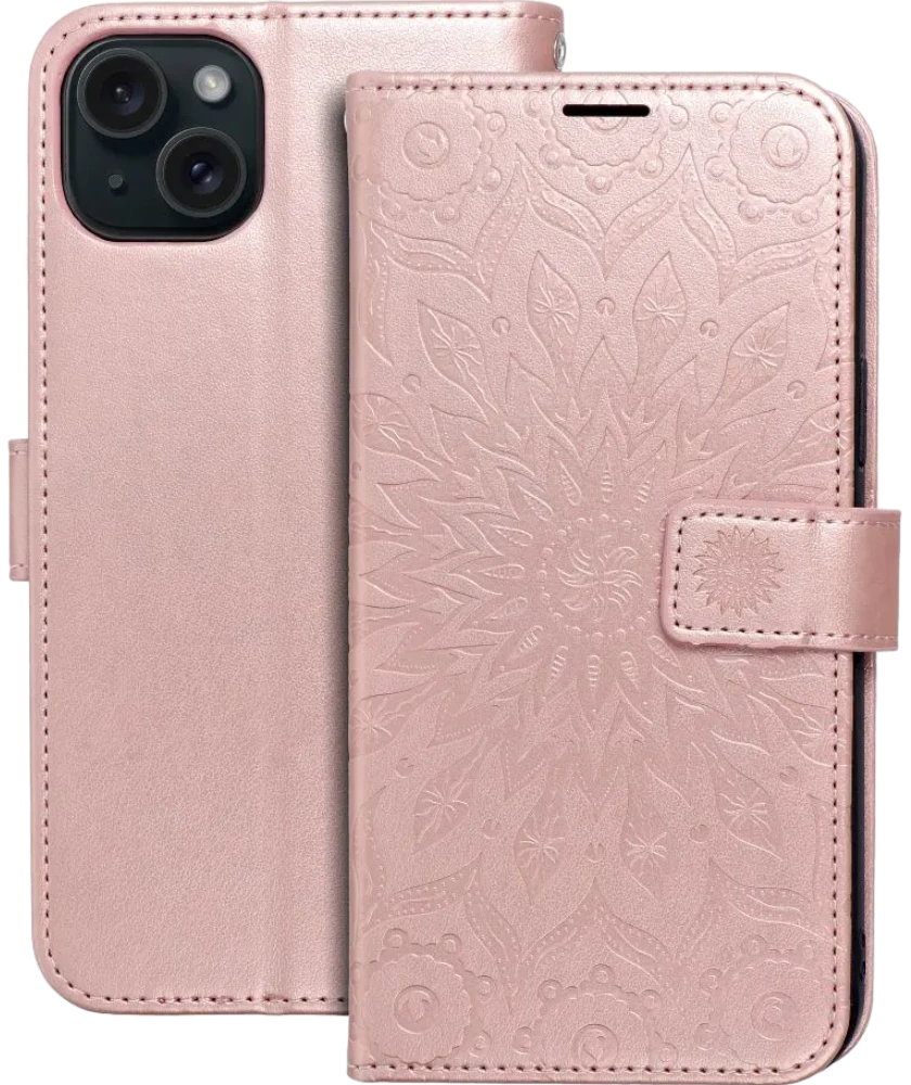 Smart Mezzo Wallet case for iPhone 15 Plus Mandala Rose Gold