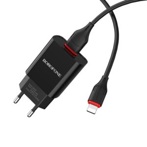Τροφοδοτικό Πρίζας Μαύρο Power Charger AC USB 5V 2.1A Travel Charger & Lightning Cable Black Borofone BA20A