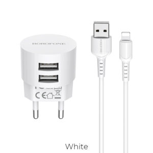 Τροφοδοτικό Πρίζας Λευκό Power Charger AC 2 X USB 5V 2.4A Travel Charger & Lightning Cable White Borofone BA23A