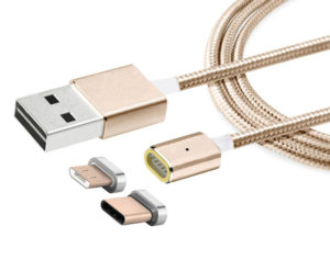 POWERTECH PT-549 USB 2.0 A LED CABLE MALE TO USB TYPE C MALE MAGNET & USB MICRO CORDED GOLD 1m