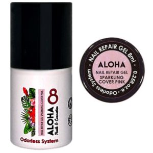 Ημιμόνιμο βερνίκι ALOHA 8ml - Nail Repair Gel / Rubber Base για θεραπεία νυχιών, ενισχυμένη με πρωτεΐνες - Χρώμα: Sparkling Cover Pink