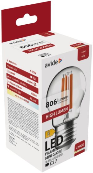 Avide LED Filament Mini Globe 6.5W E27 WW 2700K High Lumen