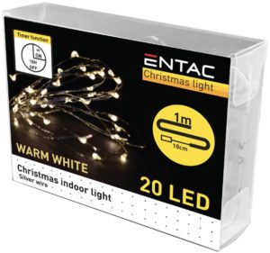 Entac 004.0072 Θερμό Λευκό 20 LED 1m | Χριστουγεννιάτικα Λαμπάκια Christmas Indoor Silver Wire with Timer (2x2032 incl.)