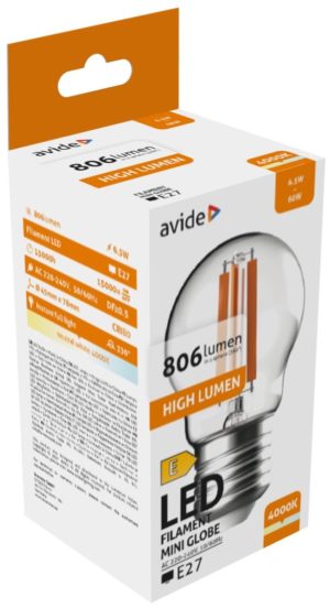 Avide LED Filament Mini Globe 6.5W E27 NW 4000K High Lumen