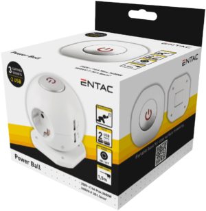 Entac Power Ball 3 Sockets, 2x2.1A USB port with Switch 1.5m 3G1