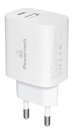 POWERTECH PT-1040 | POWERTECH φορτιστής τοίχου PT-1040, USB & USB-C, PD QC3.0, 20W, λευκός