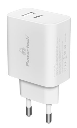 POWERTECH PT-1044 | POWERTECH φορτιστής τοίχου PT-1044, USB & USB-C, PD QC3.0, 30W, λευκός