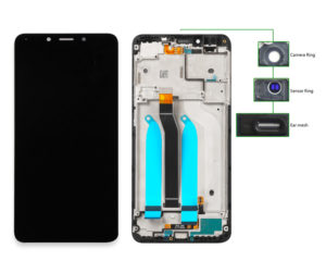 LCD για Xiaomi Redmi 6A, Camera-Sensor ring, ear mesh, frame, μαύρη