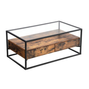 Metal Coffee Table with Glass Surface and 2 Drawers 106 x 60 x 45 cm Vasagle (LCT31BX) (VASLCT31BX)