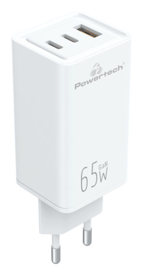 POWERTECH PT-1094 | POWERTECH φορτιστής τοίχου PT-1094, USB & 2x USB-C, 65W, GaN, λευκός